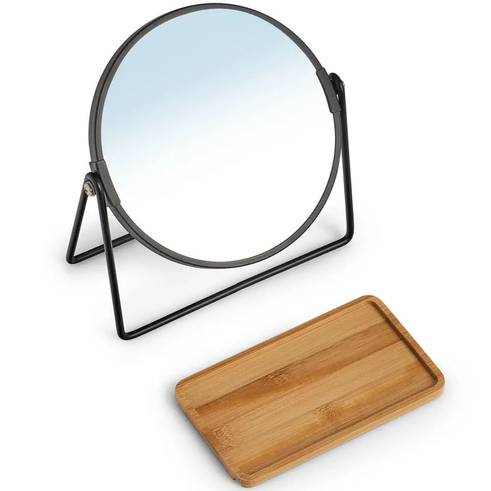 Make-up spiegel metaal/bamboe 17,5 x 20,5 cm