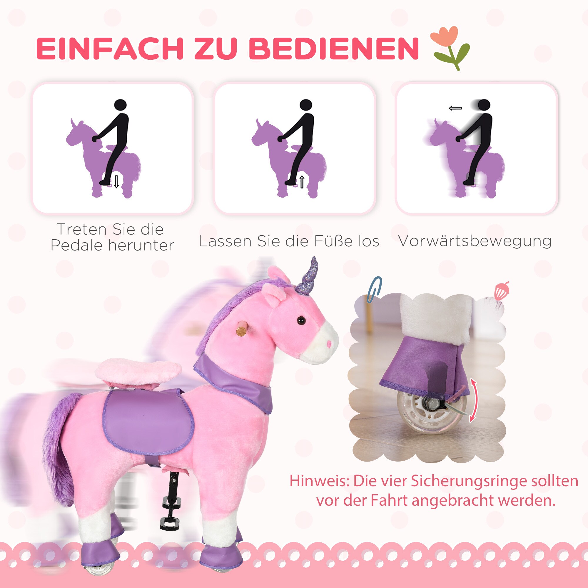HOMCOM Kinder-Schaukelpferd mit Rollen rosa, lila 70L x 32B x 87H cm