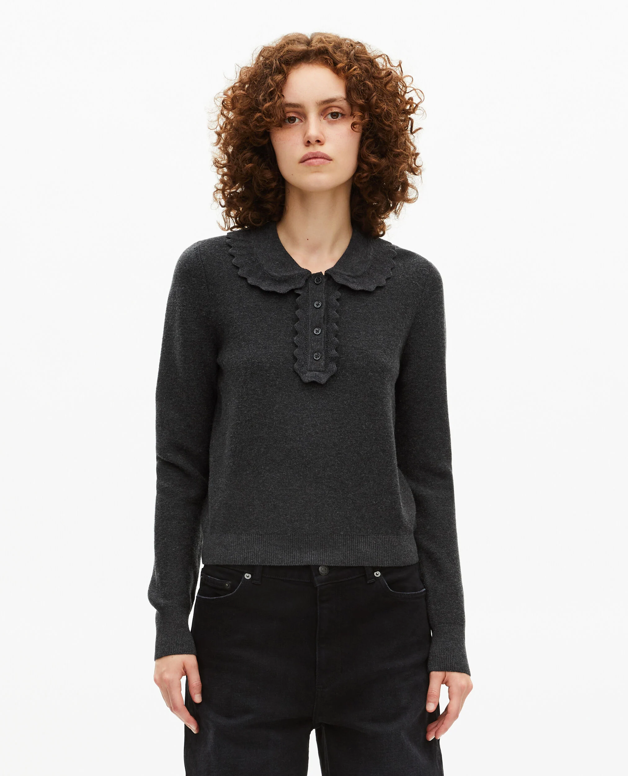 Pull en laine mélangée col claudine anthracite