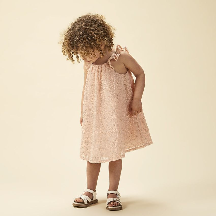 Robe sans manches bi-matière avec cording floral pour bébé fille - Rose