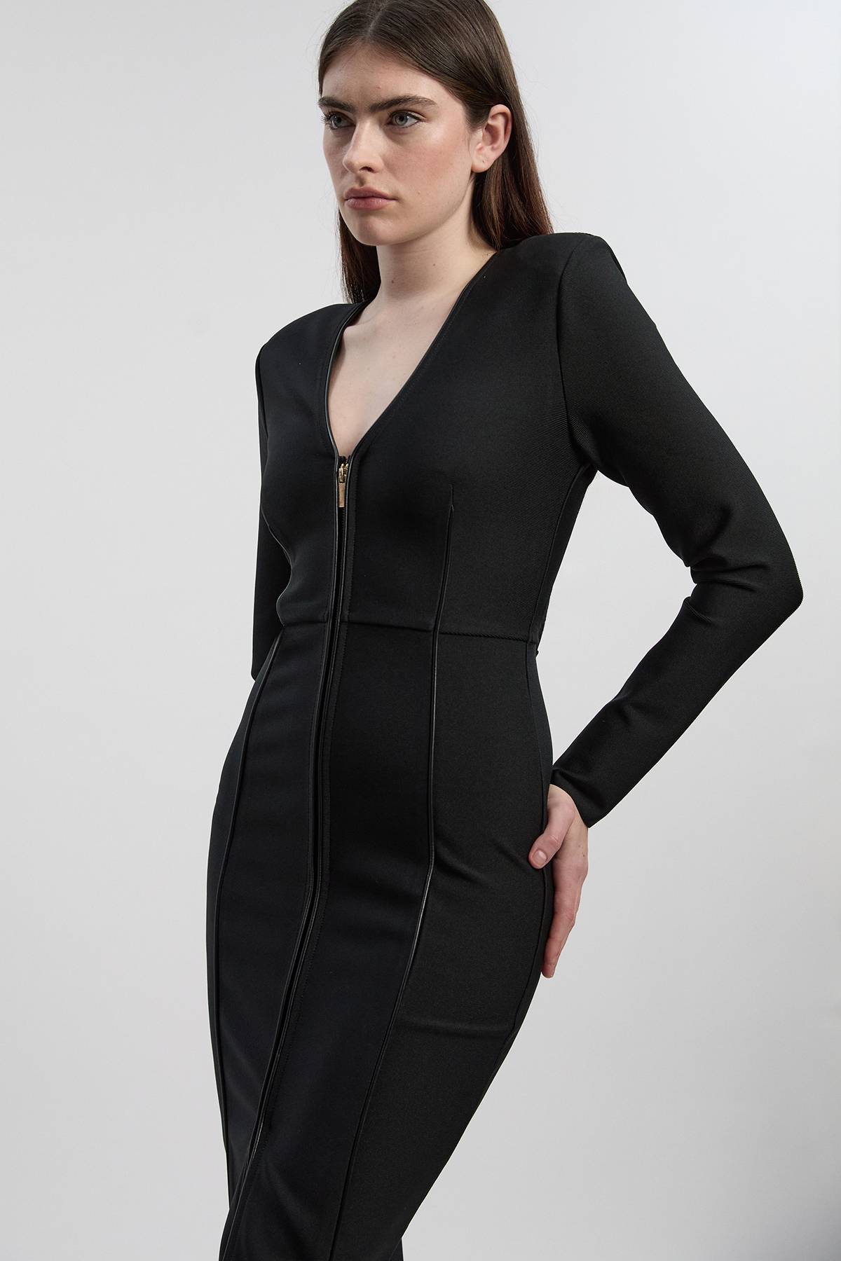 KarenMillen Robe Mi-Longue Moulante en Maille Bandage avec Fermeture Éclair et Détails Bordés SYNTHÉTIQUE - Petite Taille