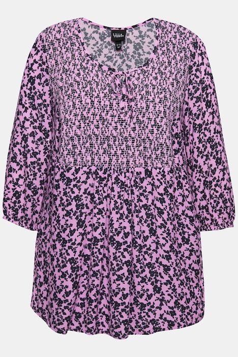 Smokbluse, Blüten, A-Linie, Rundhals, 3/4-Arm