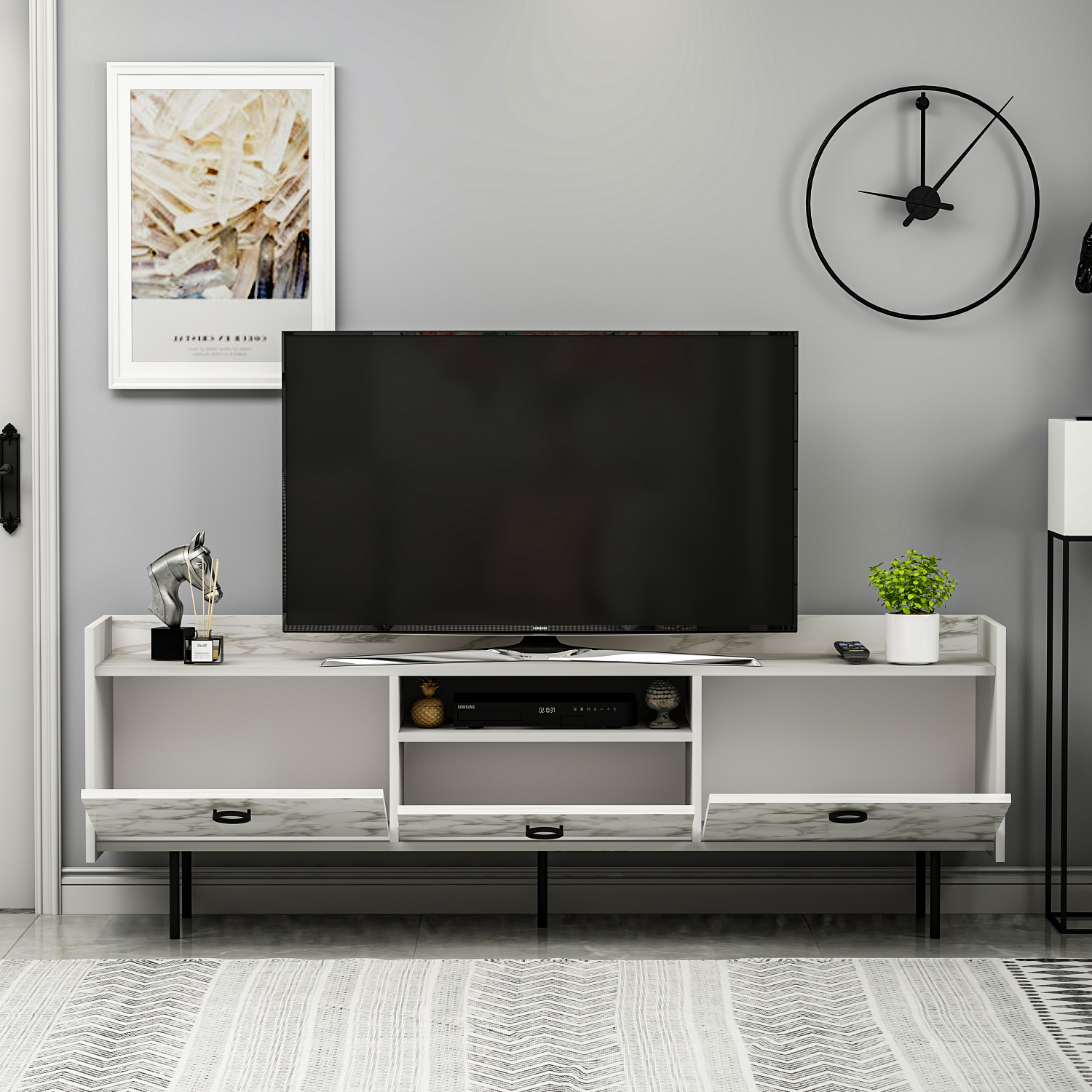 TV-Lowboard - weiß - Marmoroptik - 3 türig - 184 cm