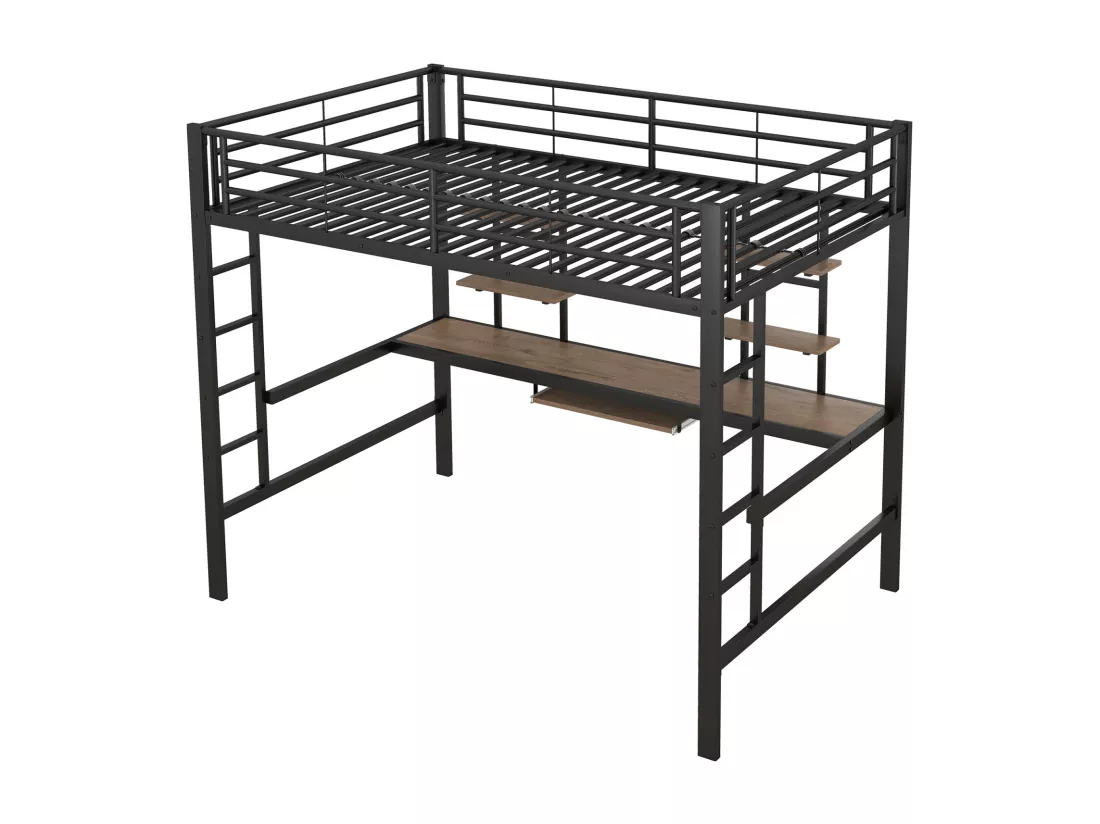 Lit mezzanine 140x200cm pour enfants - Cadre de lit en fer lit surélevé avec bureau pour étude et 2 étagères - noir
