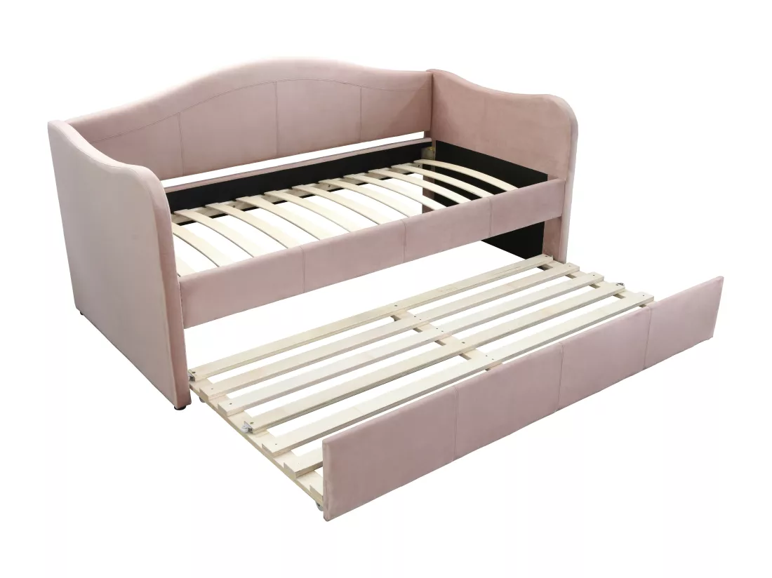 Lit banquette gigogne 2 x 90 x 190 cm - Velours - Rose + Matelas - MATHILDE