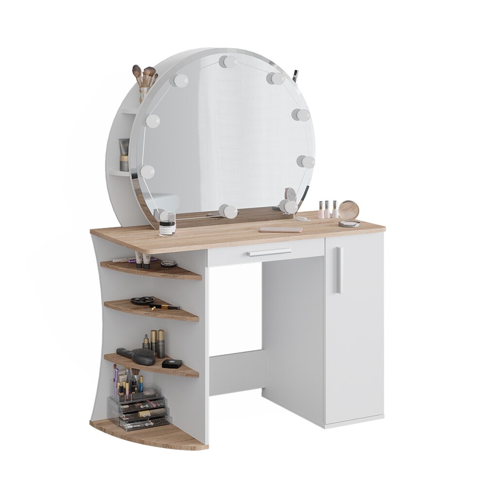 Vicco Schminktisch Frisiertisch Kosmetiktisch Almina Weiß Sonoma Schminkspiegel 100x143 modern LED Beleuchtung Schlafzimmerkommode Schminkkommode Schublade Frisierkommode Make-Up-Tisch
