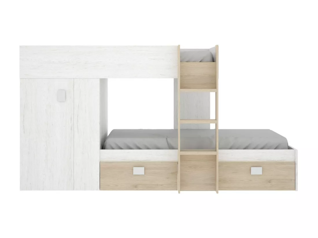 Lit enfant Cevedale, Chambre complète avec armoire et tiroirs, Composition de lits superposés avec deux lits simples, 271x111h150 cm, Blanc et Chêne