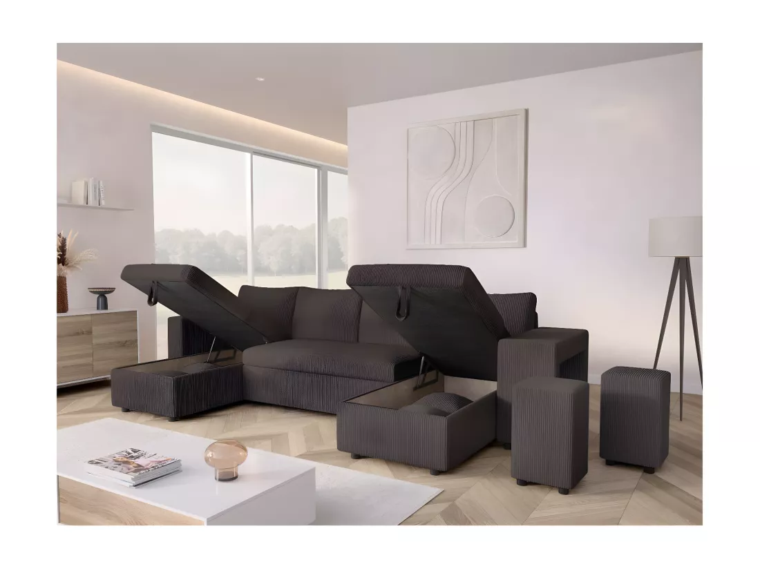 Canapé panoramique Oslo convertible avec 2 coffres, 2 poufs à droite en velours côtelé Gris anthracite - L311 x P146 x H81cm - Loungitude
