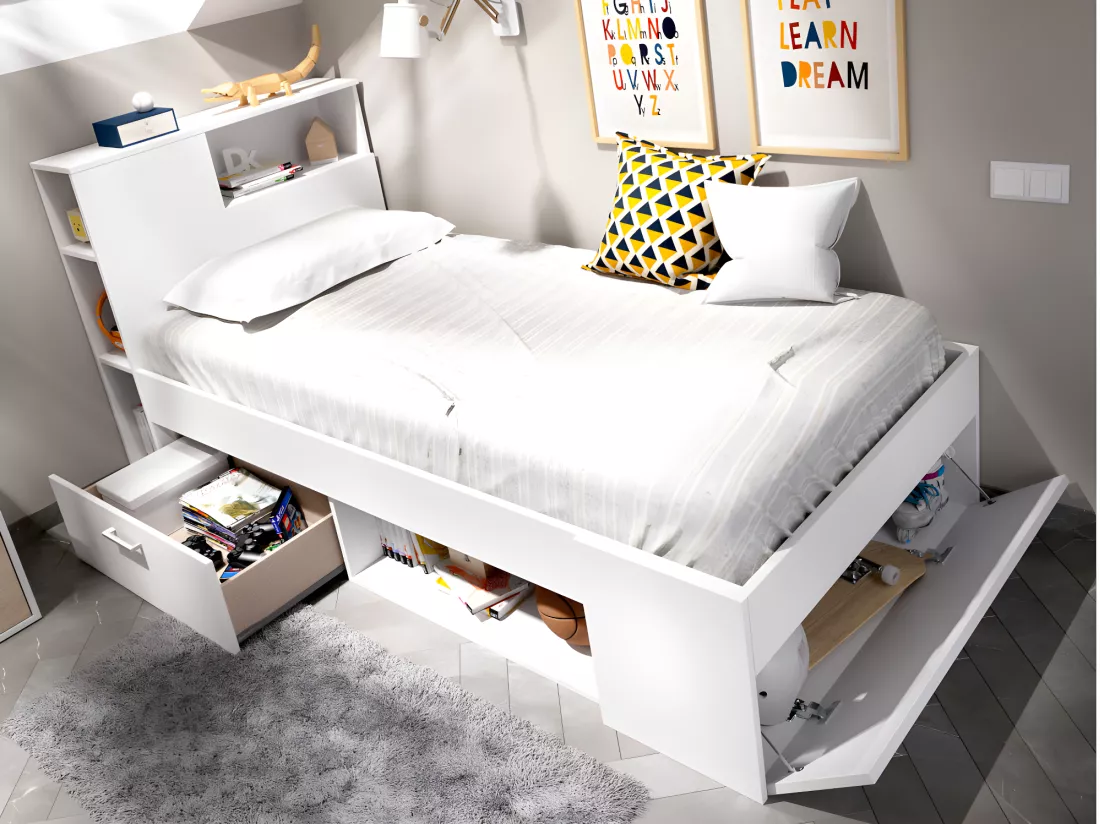 Lit avec tête de lit rangements et tiroir - 90 x 190 cm - Blanc - LEANDRE