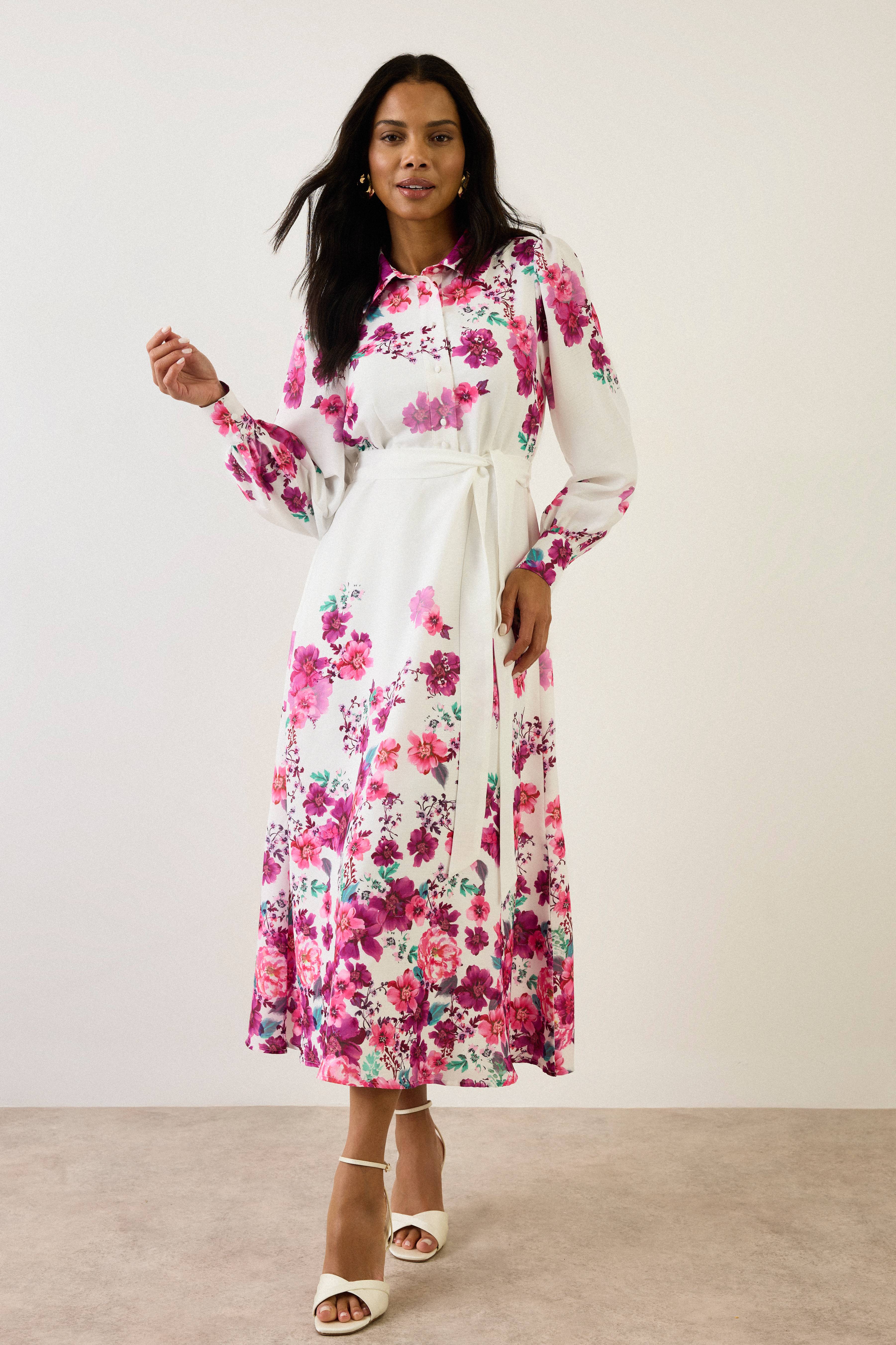 Wallis Robe Chemise Midi Fleurie À Ceinture