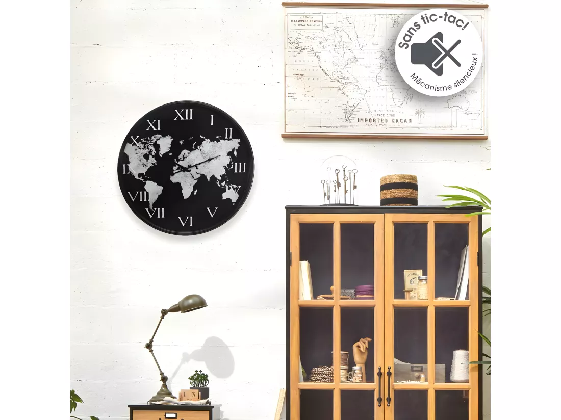 Pendule murale silencieuse Monde en Métal Noir et Blanc D 57 cm