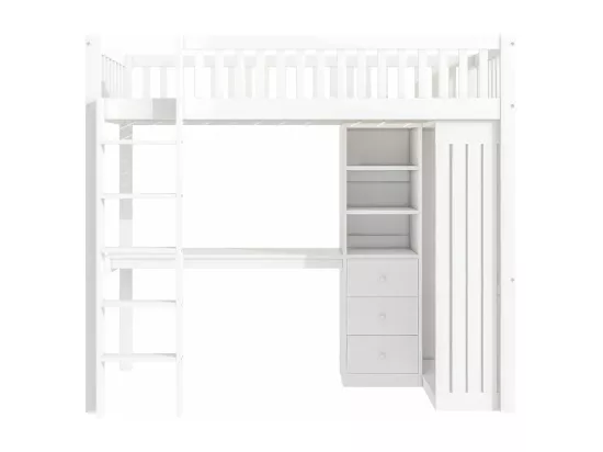 Lit en mezzanine, 90*200 cm, bureau, armoire, 3 tiroirs, rangement ouvert, balustrade, escalier, sans matelas, blanc