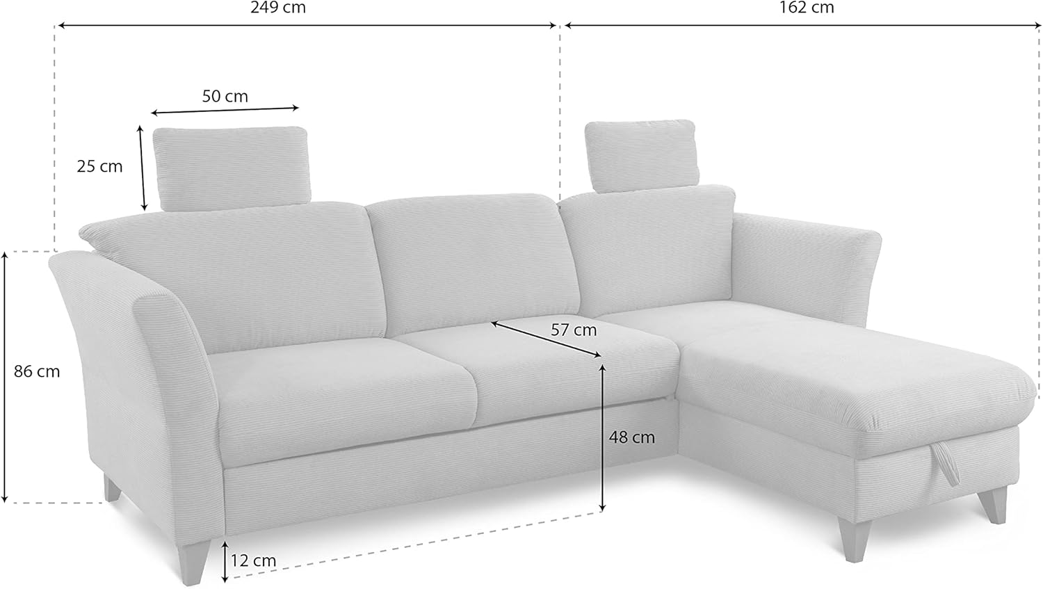 CAVADORE Ecksofa Trend / Skandinavische Eckcouch mit Federkern, Longchair und 2 Kopfstützen / 249 x 86 x 162 / Cord, Kupfer