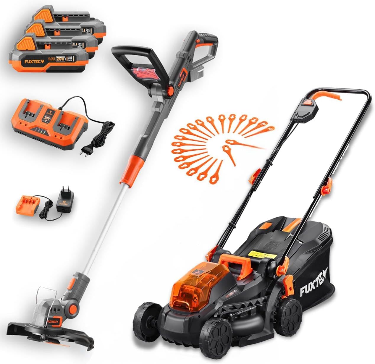 FUXTEC Akku Garten-Set – 20V Akku Rasentrimmer und 33cm Rasenmäher 40V (2x20V) inklusive 3X 2Ah Li-Ion Akkus & Doppelladegerät – Trimer Schnittbreite 25cm – Rasenmäher mit Schnitthöheneinstellung