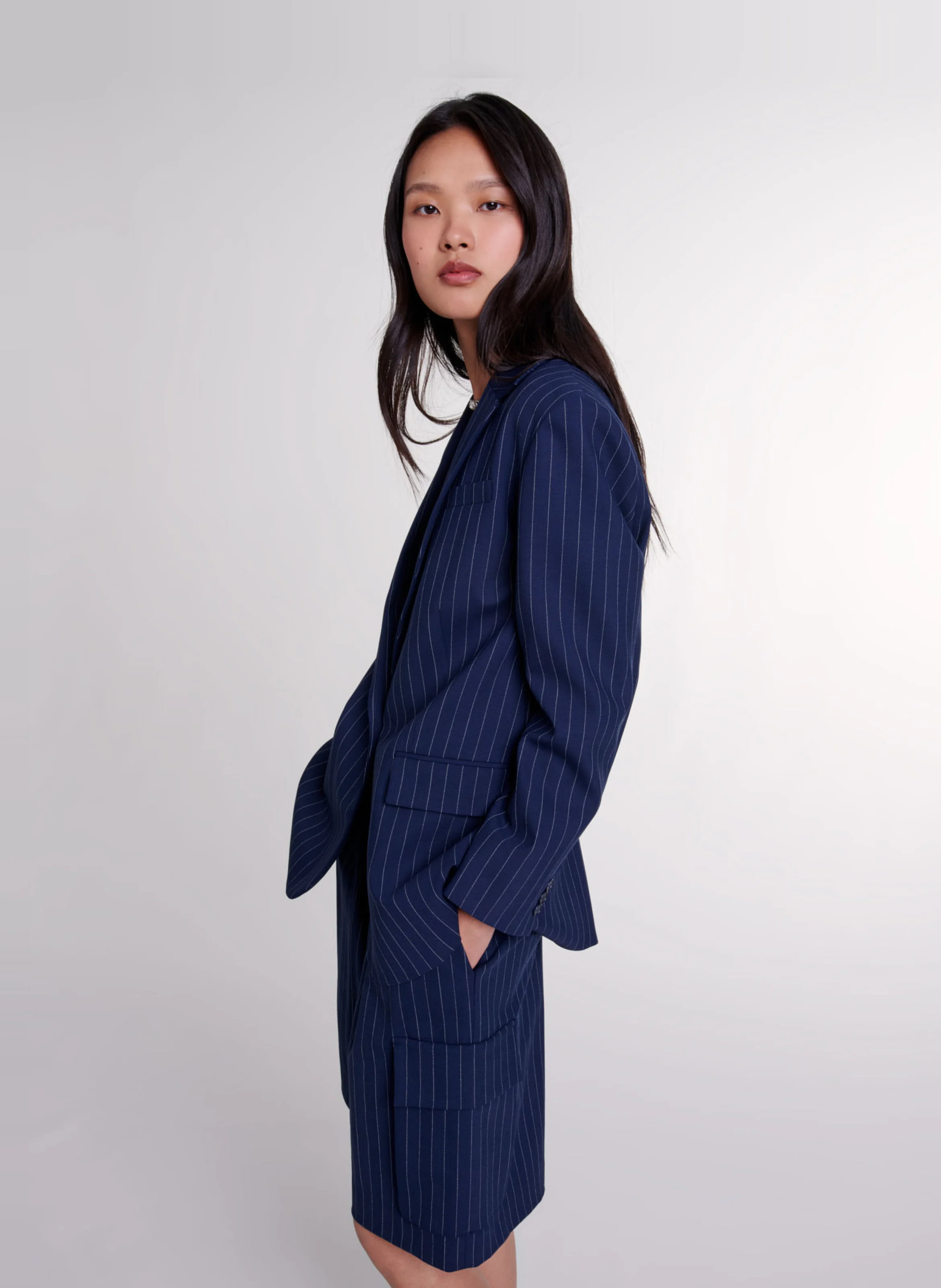 Veste de tailleur droite en laine mélangée | Rayé