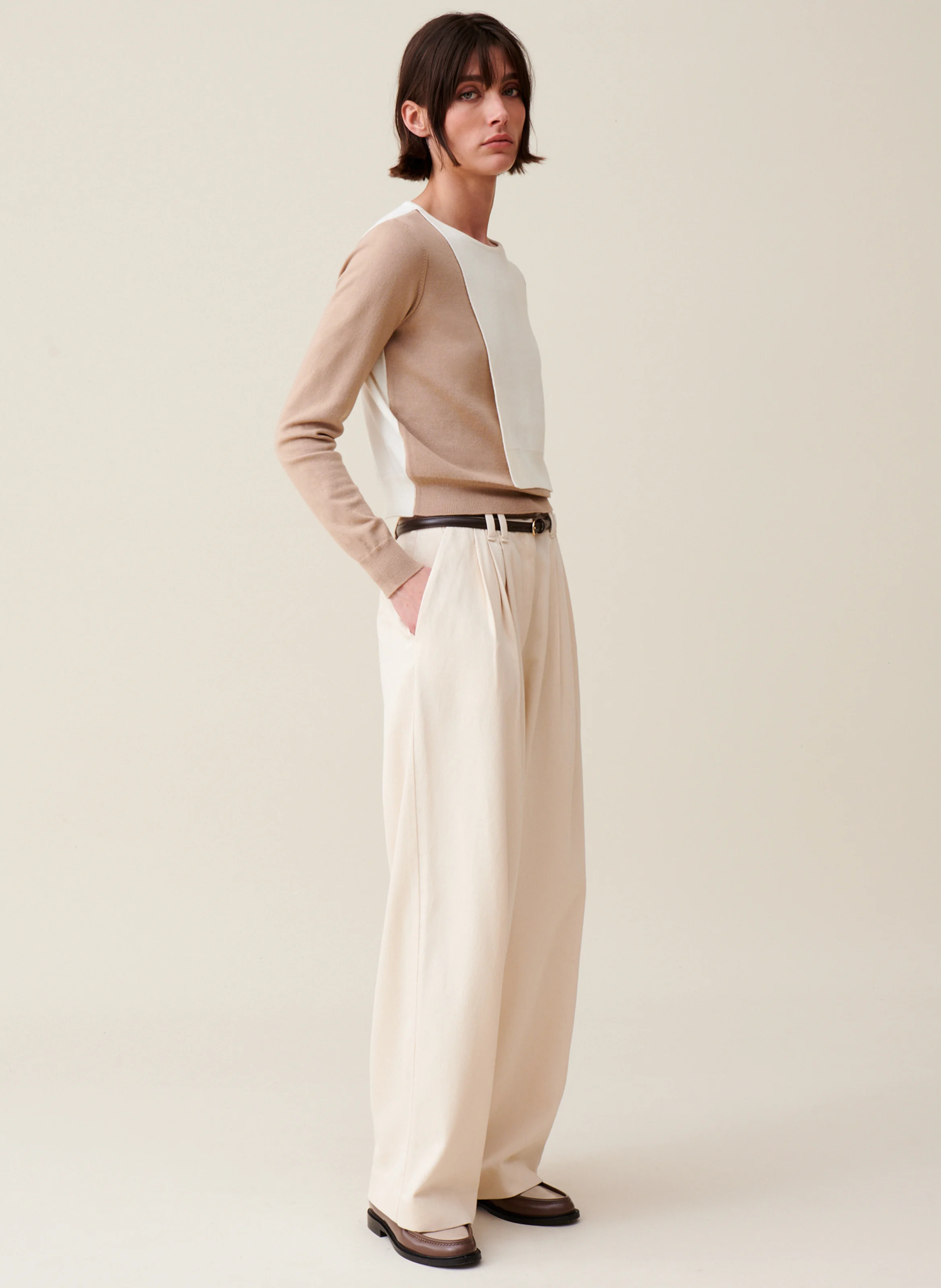 Pull col rond en laine mélangée | Beige