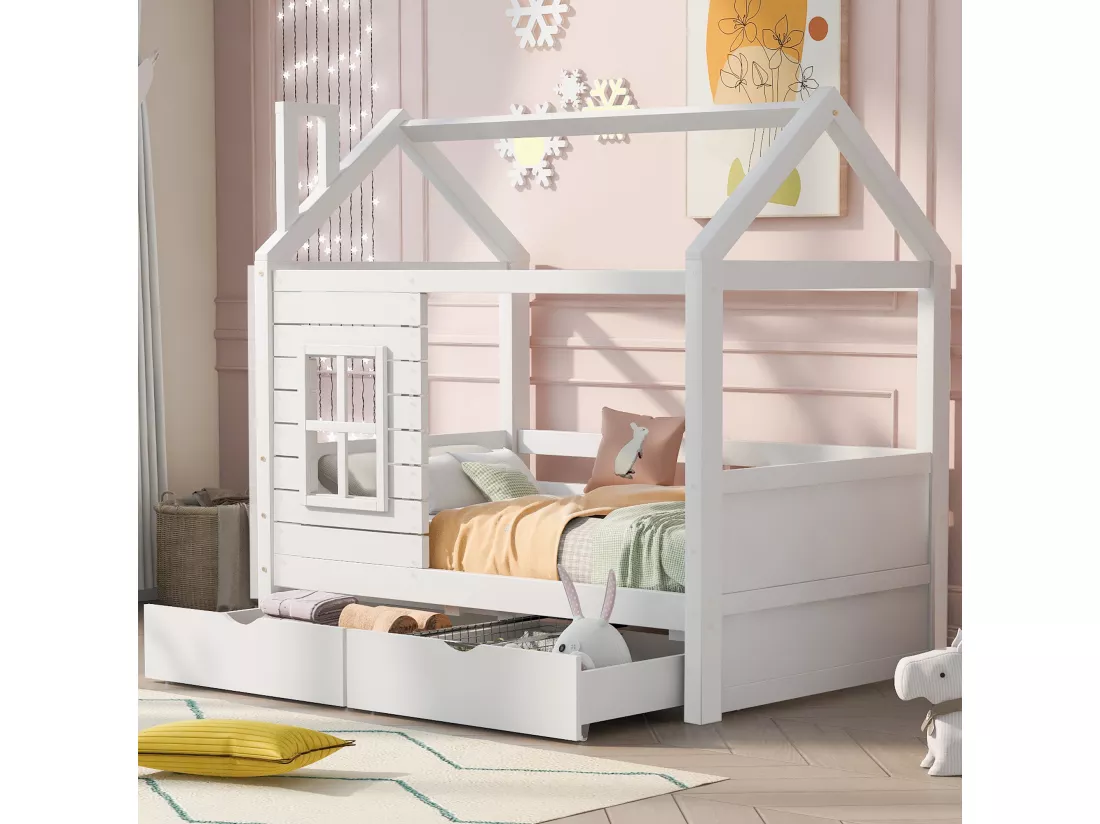 Lit cabane 80x160 cm avec 2 tiroirs - en forme de maison - en bois massif - Blanc