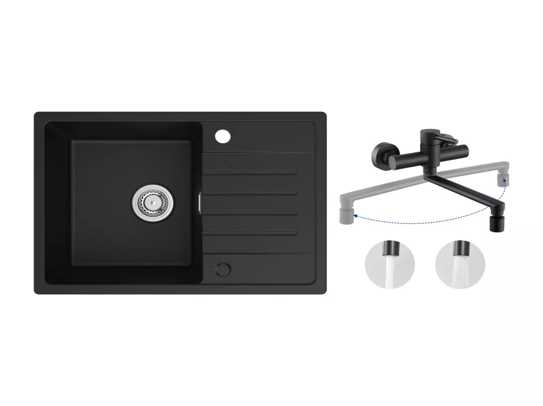 Evier 1 Bac en Quartz et Résine - Noir Evier avec Egouttoir 78x45cm + Mitigeur de Cuisine Mural avec 2 Jets Noir