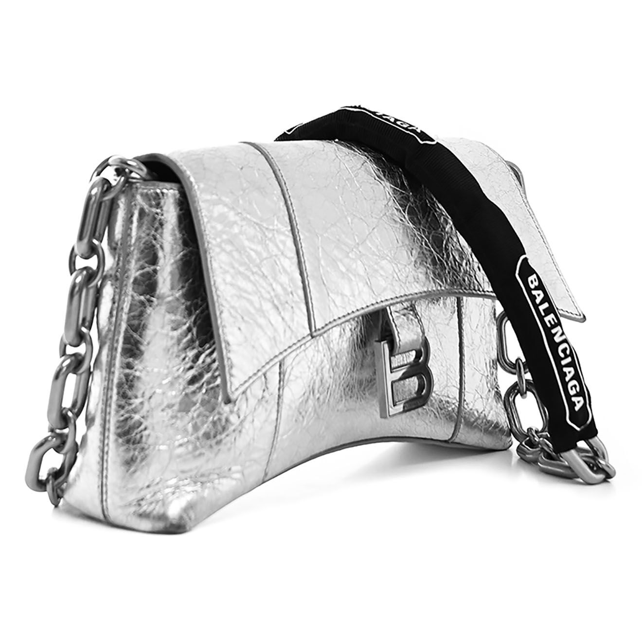 Balenciaga Sac bandoulière Hourglass Chaine en Cuir argenté - Bon état - L.26 cm