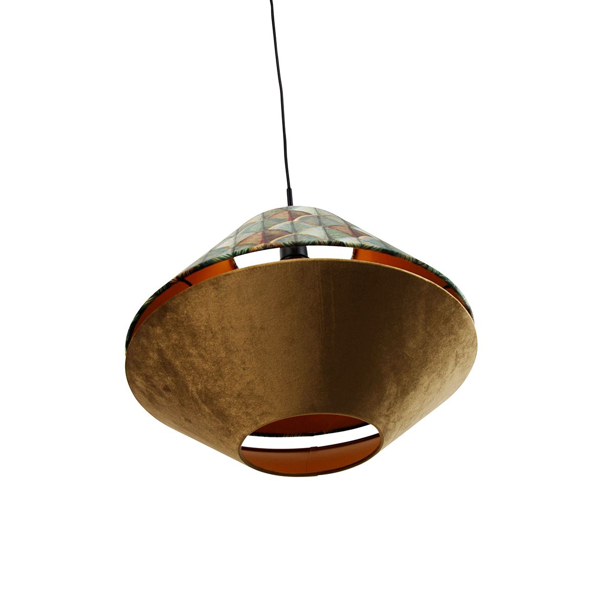 Hanglamp zwart met dubbele velours lampenkap blad dessin en beige - Combi 1