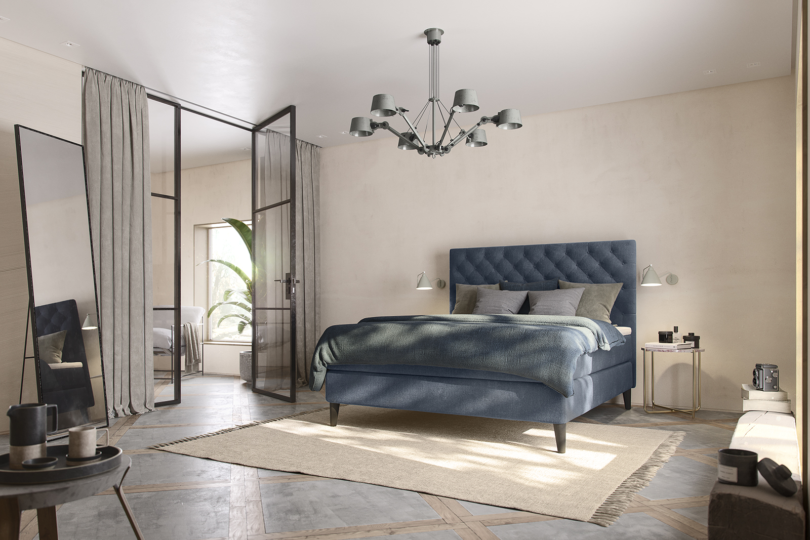 Zilva kontinentalseng 150x200 cm. Tekstil Moment Marine med Embrace LatexGel overmadrass og 14 cm sorte Cone ben. Uten hodegavl
