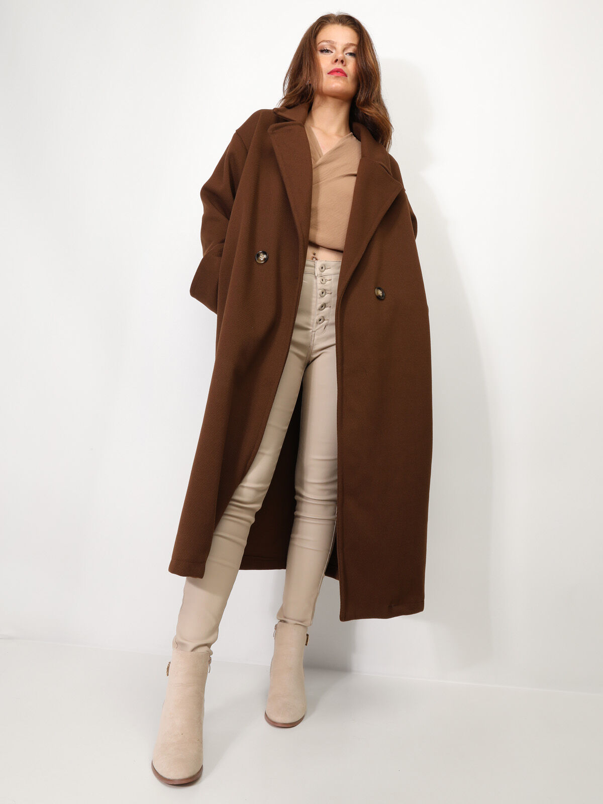 Manteau oversize en maille texturée- Marron