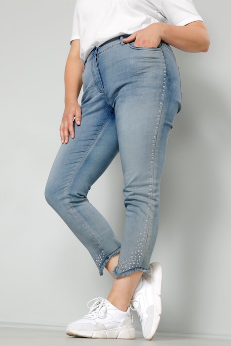 7/8-Jeans, Slim Fit, Ziernieten, Fransensaum, 5-Pocket
