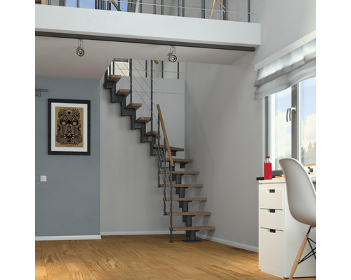 Pertura Spiros Antraciet Middentrap, Kwartslag, Linksonder/Rechtsonder 75 cm, Eikenhouten Leuning, 11 Treden / 12 Stijgers