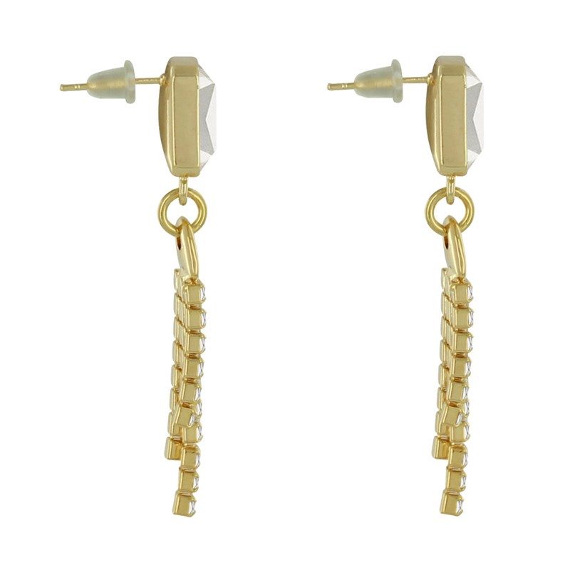 Boucles d'Oreilles Laiton Doré Pendante Rectangle et Trois Liens de Strass