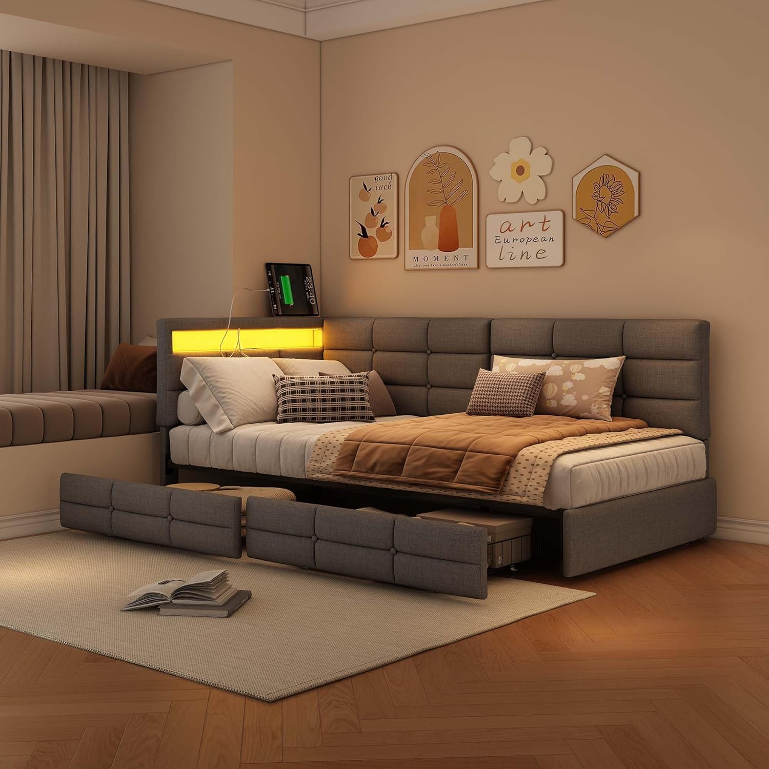 Polsterbett 90x200 cm Einzelbett mit Stauraum, Schlafsofa mit 2 Schublade, Daybett mit LED und USB, Jugendbett mit Lattenrost, Leinen, ohne Matratze(Grau, 90 x 200 cm)