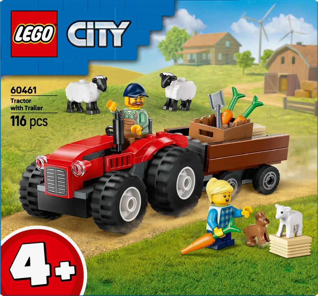 Rode tractor met aanhanger en schapen 60461