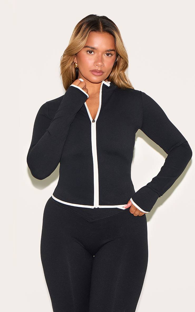 Noir Veste Zippée Active Olive Shape À Bandes Contrastantes