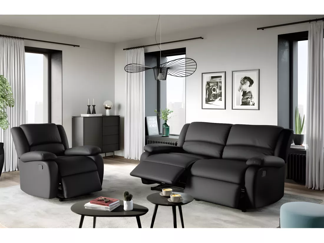 Canapé relax manuel 3 places avec 2 assises XXL Léo en simili - Noir - L193 x P93 x H96cm - Loungitude