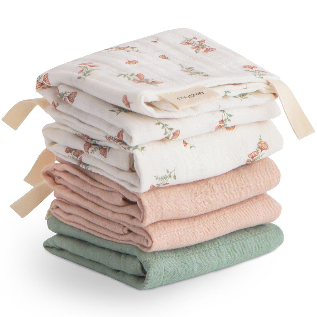 Mushie washandjes pink flowers - 5st