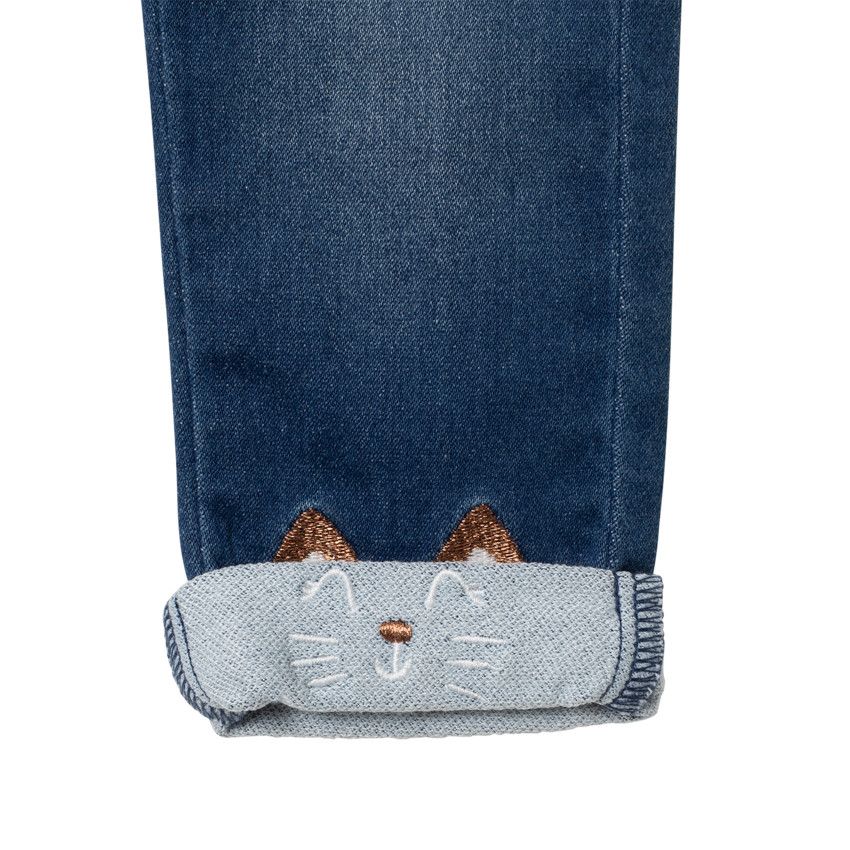 Jean effet used à chats brodés et poches - Bleu moyen