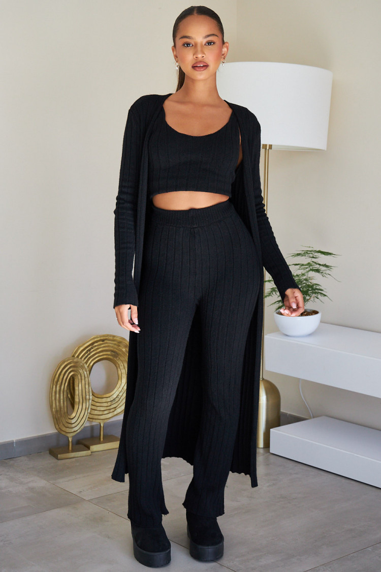 Ensemble 3 pièces gilet + top + pantalon noir côtelé