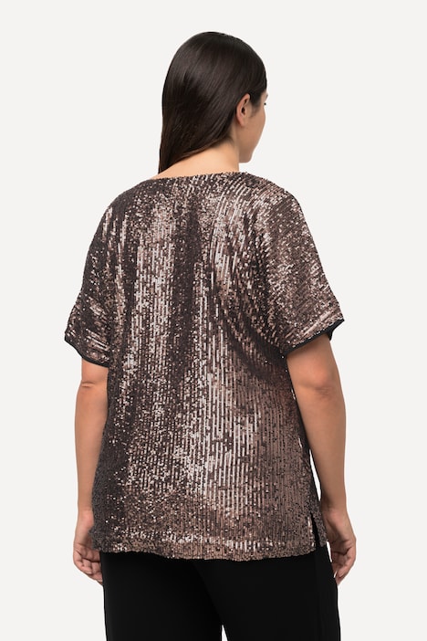 Pailletten-Shirt, Oversized, V-Ausschnitt, Halbarm