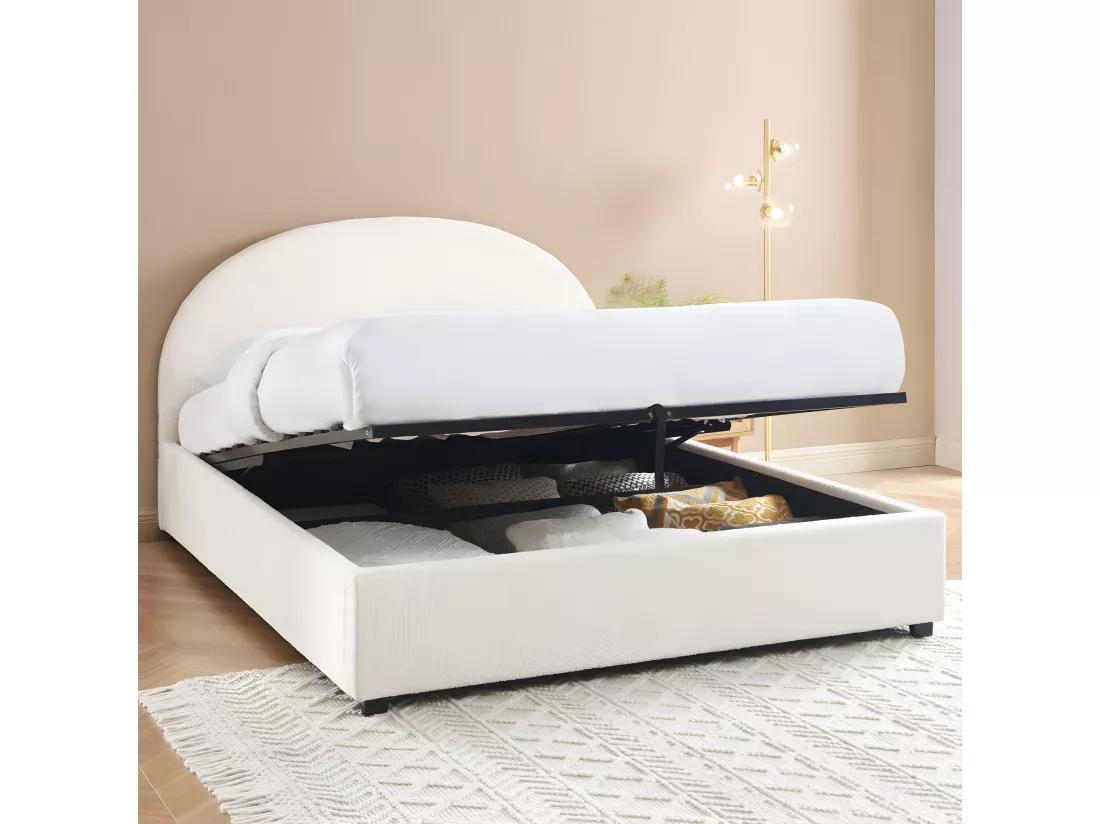 Merle - Lit coffre en tissu bouclette 140x190cm - Ecru