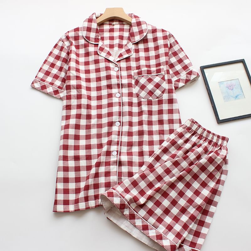 Dogini - Bijpassende pyjamaset voor koppels: geruite top met korte mouwen en knoopjes + shorts (verschillende ontwerpen)