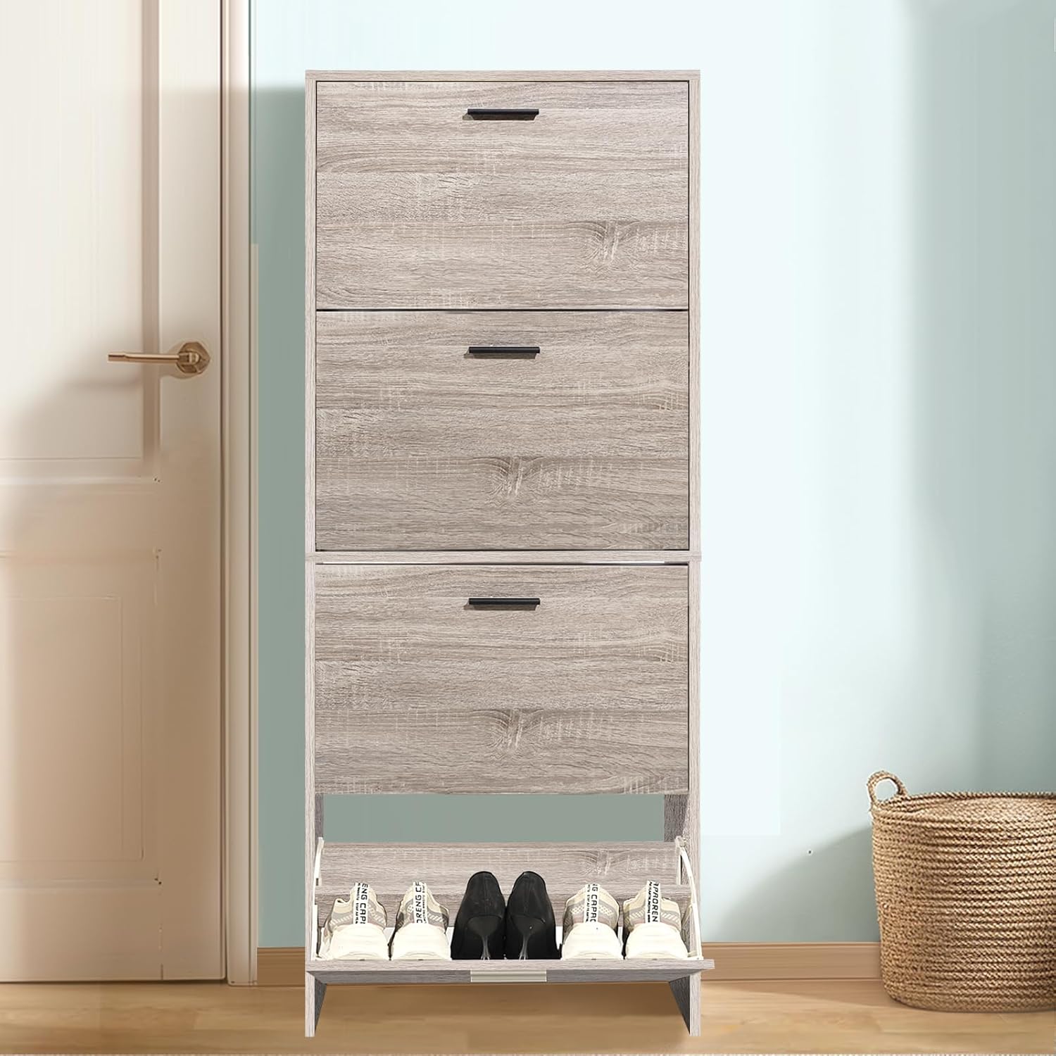 CASABEL Schuhschrank für 24 Paar – Schrank mit großem Fassungsvermögen für Eingangsbereich, Flur – L 60 x T 24 x H 150 cm – helles Holz