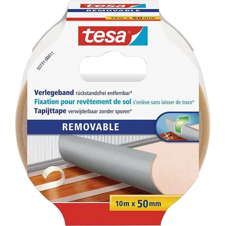 tesa Verlegeband rückstandsfrei entfernbar, Gewebeverstärkt, Doppelseitig, 10 m x 50 mm