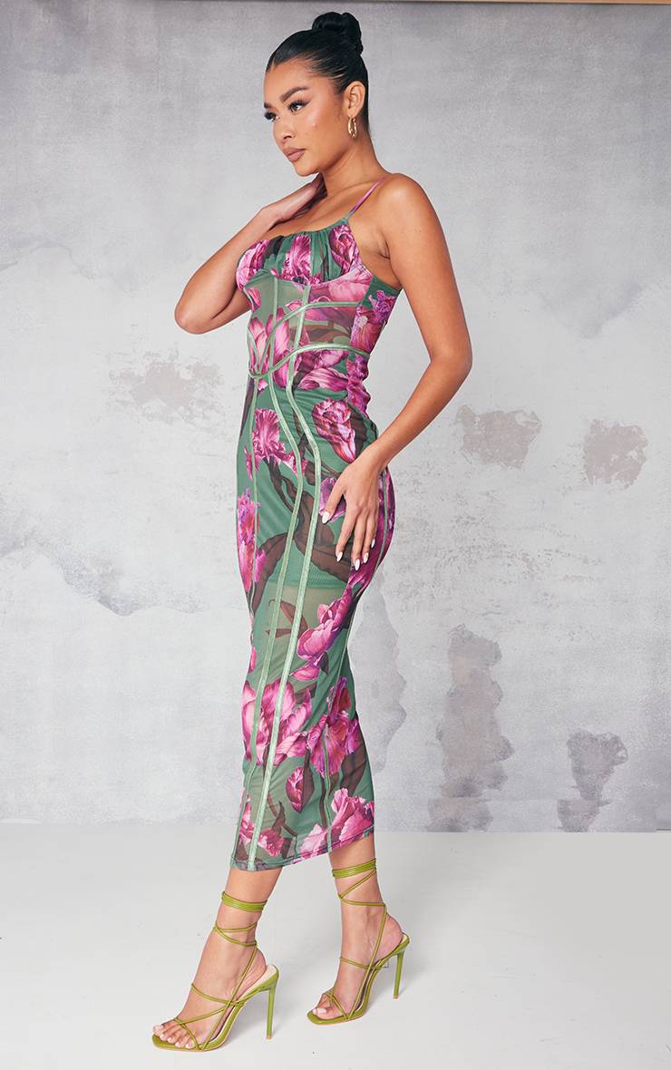 Vert Robe Midaxi En Mesh À Imprimé Floral Avec Détail De Lacets