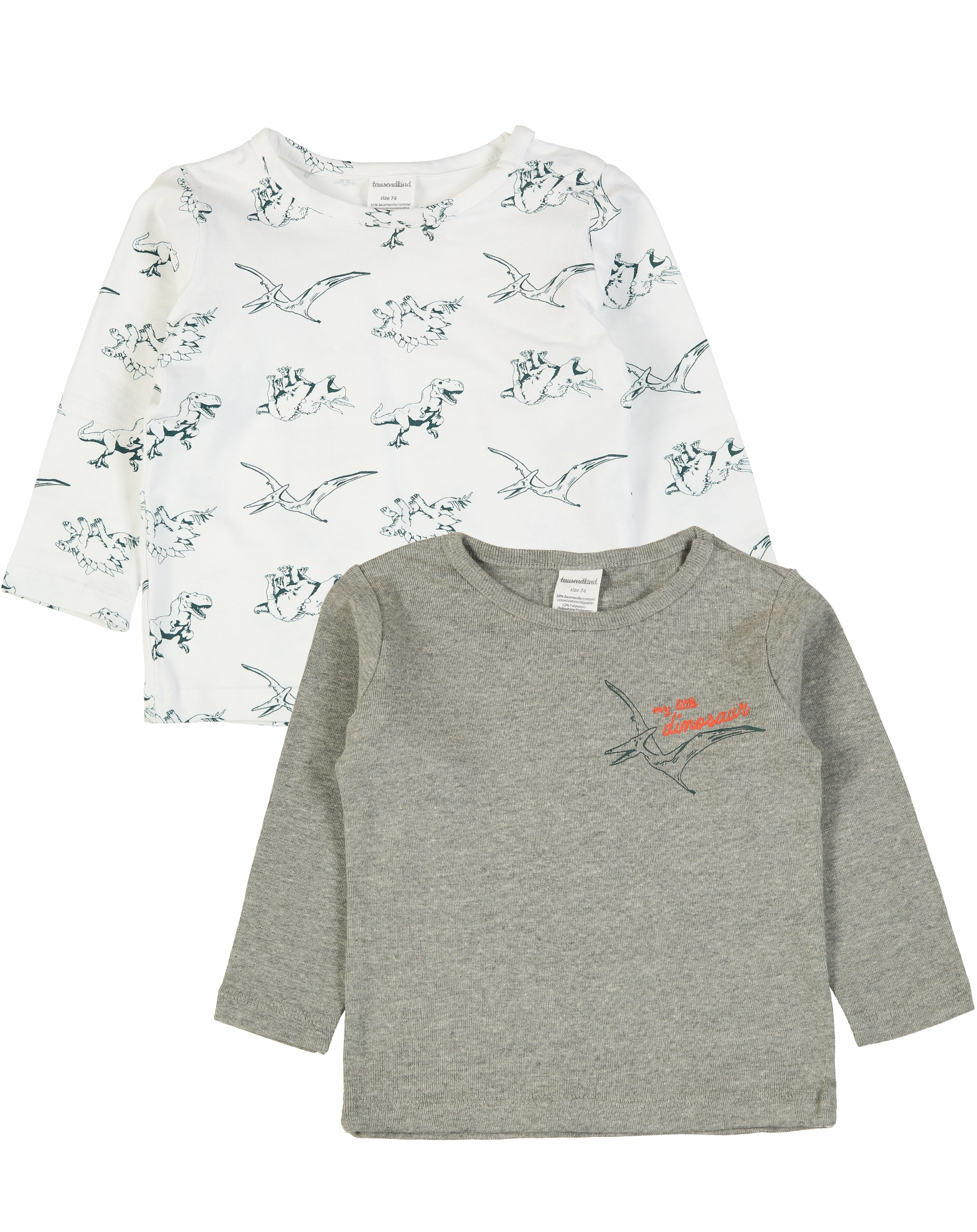 Langarmshirt DINO 2er-Pack in weiß/grau