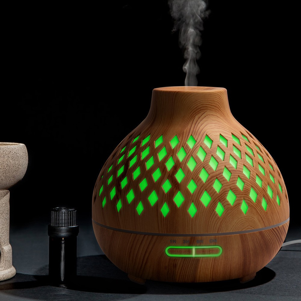 (400ml) 155x160mm Ultraschall Luftbefeuchter Aroma Öl Diffuser   Fernbedienung in Holz Optik mit LED Beleuchtung- Hellbraun