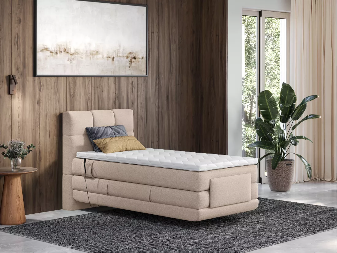 Ensemble complet boxspring tête de lit capitonnée + sommiers relaxation électrique + matelas + surmatelas - 100 x 200 cm - Tissu - Beige - LODI de PALACIO