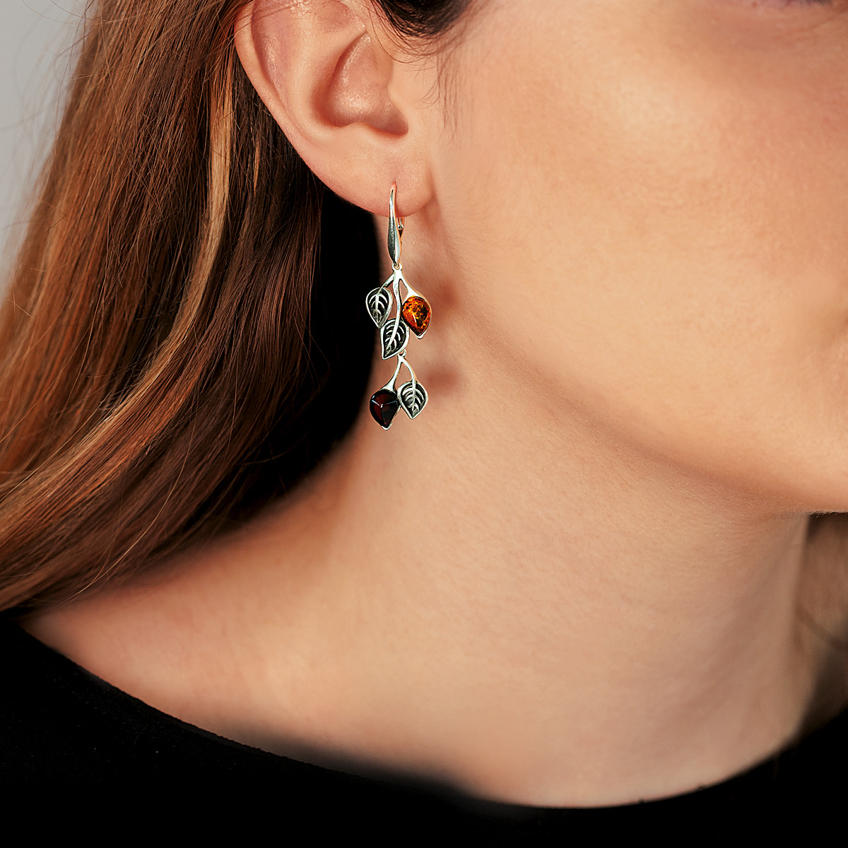 Boucles d'oreilles argent 925 pendants feuilles ambre
