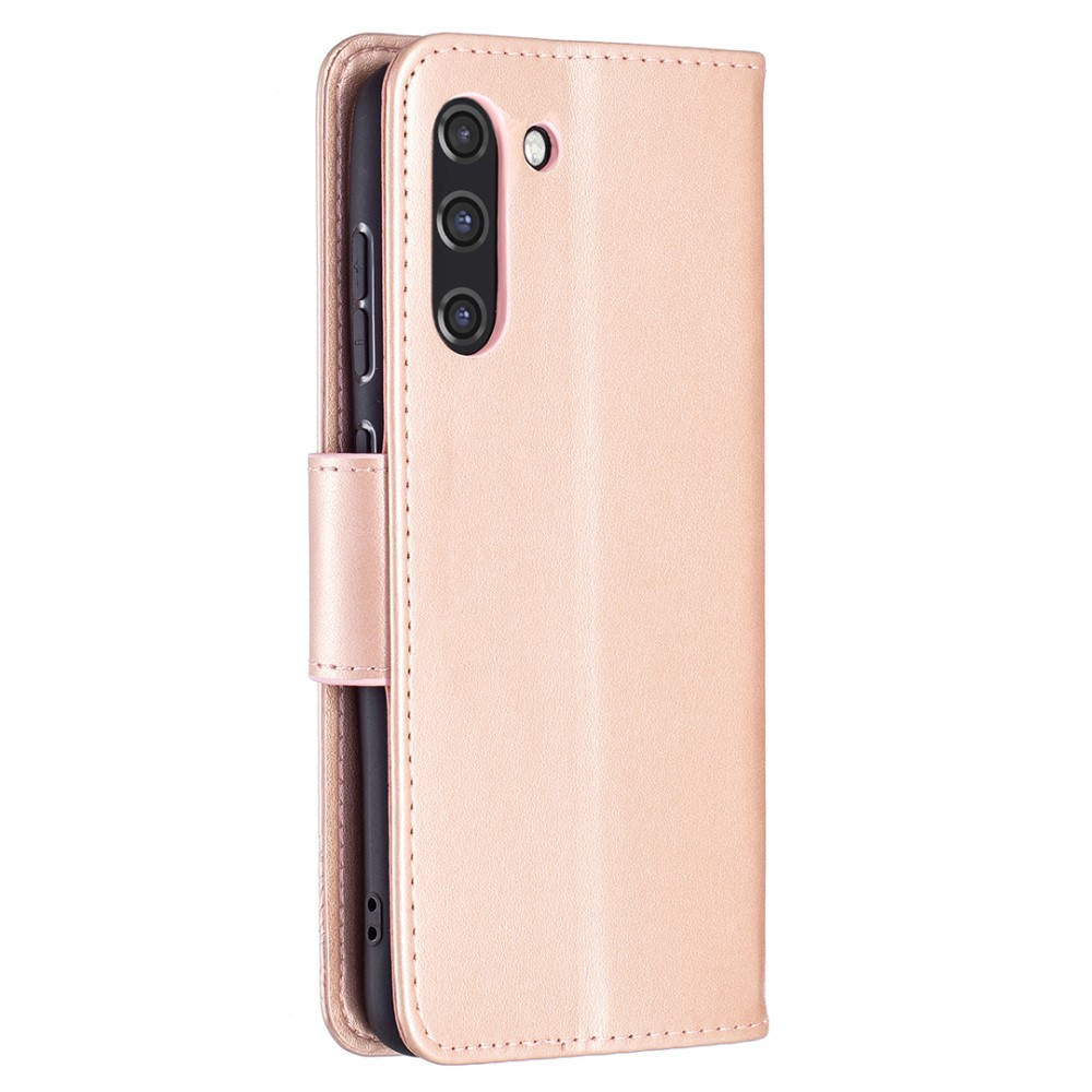 Samsung Galaxy S21 FE 5G Leder Tasche mit Kartenfach   Handschlaufe Schmetterling - Roségold