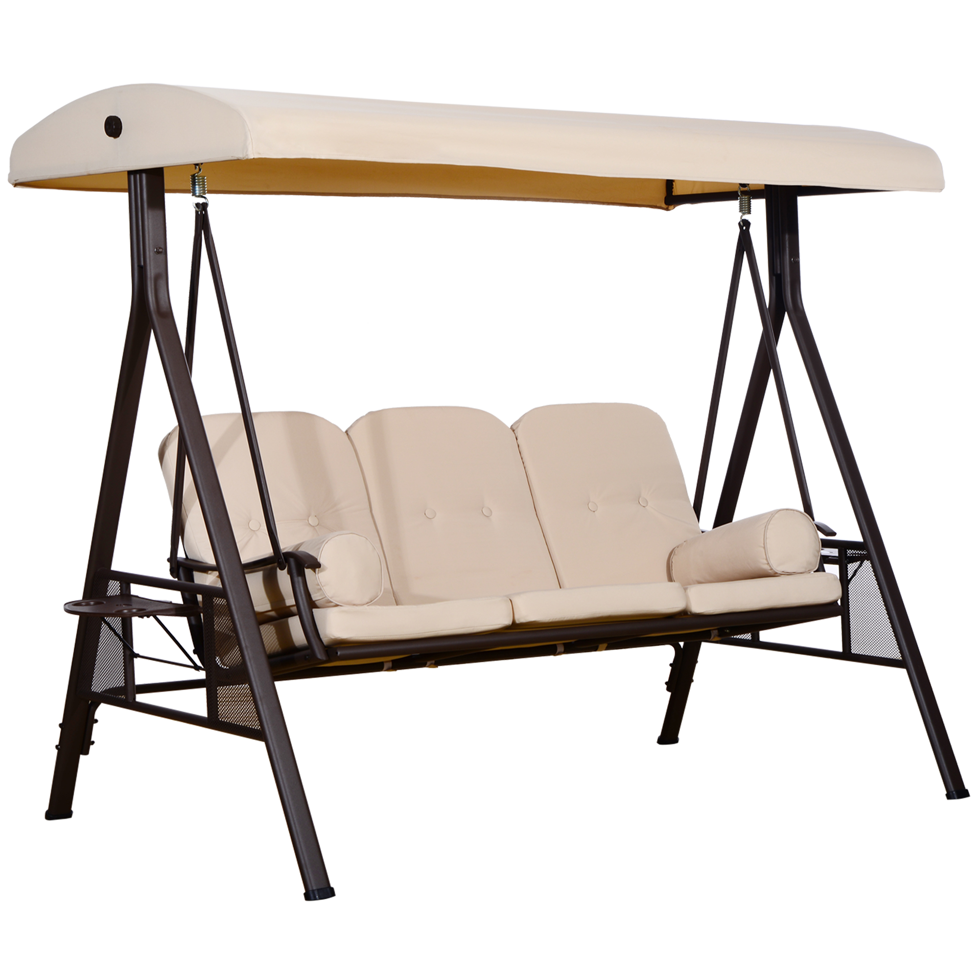 Cadeira de balanço de jardim Outsunny de 3 lugares com cobertura para proteção solar, 2 almofadas, bandeja para bebidas e estrutura de metal para pátio, varanda e uso externo, carga máxima de 360 kg, 207 x 120,5 x 174 cm, bege