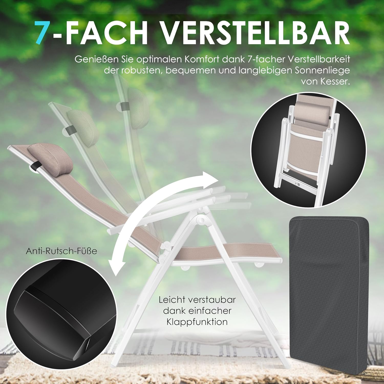 KESSER® Gartenstuhl Hochlehner mit Armlehnen 6er Set Aluminium Klappstuhl mit Kopfkissen & Abdeckung Campingstuhl 7-Fach Verstellbar Rückenlehne Atmungsaktiv Wetterfest Klappbar Anti-Rutsch, Taupe