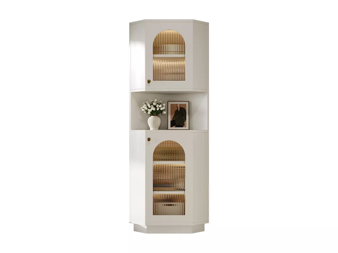 Colonne d'angle de salle de bain - 2 portes et 1 niche de rangement - 45x 45 x 166,5 cm - LEDs - MDF - Blanc